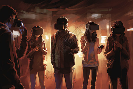 一群人一起体验虚拟现实游戏图片