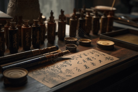摩羯座艺术字设计毛笔和墨水背景