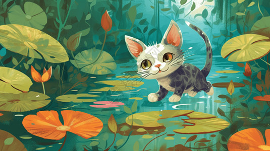 一只顽皮的小猫在池塘玩耍图片