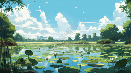 湖全景荷花池的全景插画