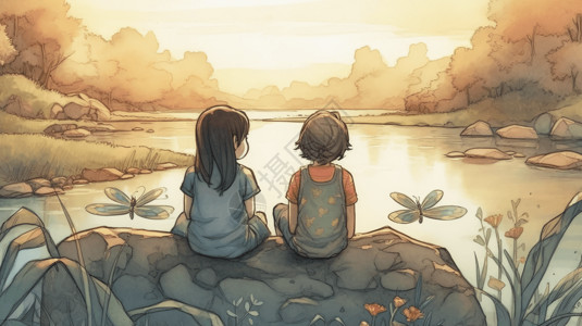 两个兄弟姐妹坐在河岸上插画