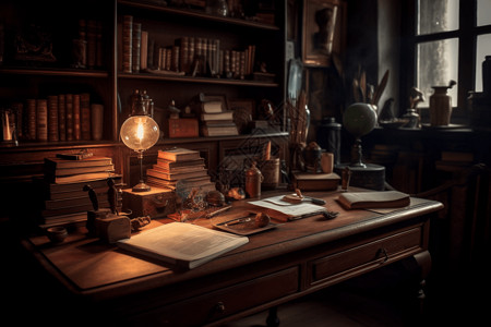 高清书的素材光线昏暗的书房书架上放着古董书和羽毛笔背景