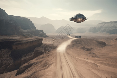 峡谷上空的悬浮汽车背景图片