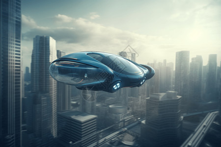 城市中盘旋的悬浮汽车背景图片