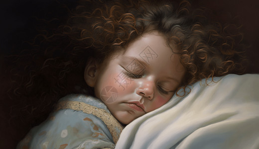 睡觉的婴儿肖像，卷曲的棕色头发图片