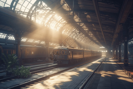戏剧性的火车站的戏剧性视角，火车到达站台，以吉卜力工作室风格呈现，具有温暖的全球照明和柔和的阴影，以2k捕获。，4k设计图片
