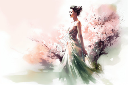 美女模特全身盛开的樱桃树少女水彩画插画