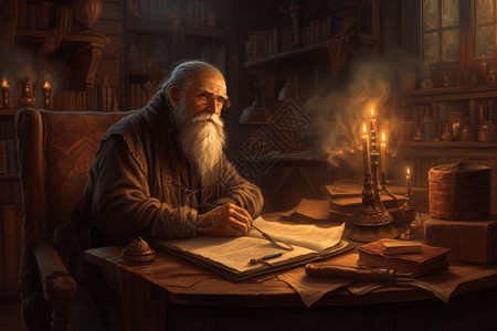 长者坐在带壁炉的传统书房中背景图片