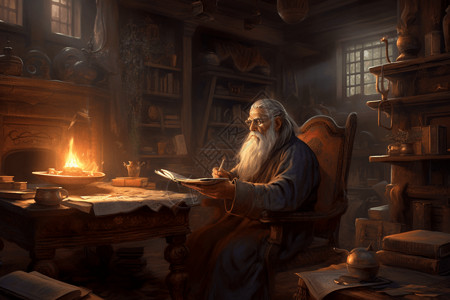 一位聪明的长者坐在带壁炉的传统书房中背景图片