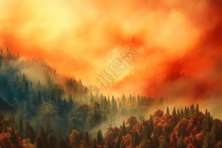 燃烧的森林和烟雾弥漫的天空图片