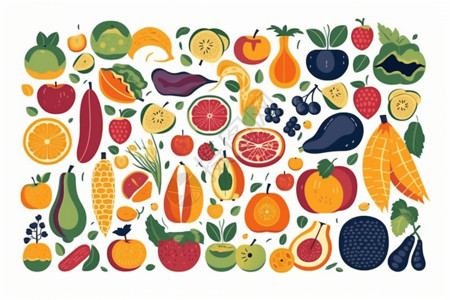 插画风各种各样的水果蔬菜图片