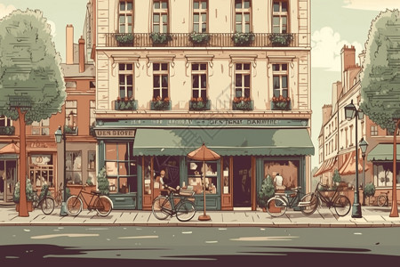 咖啡厅街景热闹的巴黎街景插画