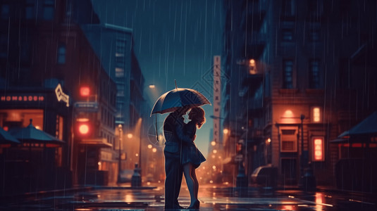 一对情侣在雨天的大街上亲吻背景图片