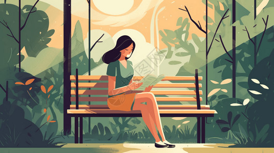 一个女孩在公园长椅上看书背景图片