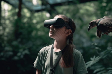 一名戴着VR耳机并探索虚世界的学生图片