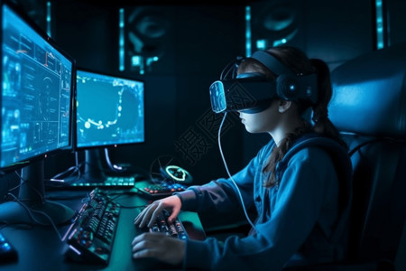 游戏编程女孩子戴着体验虚拟现实体验游戏背景