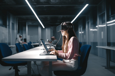 数字vr一名学生坐着VR耳机学习背景