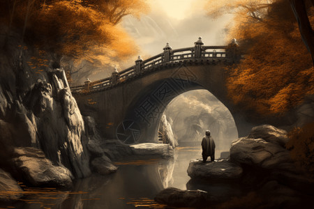 古风石桥素材古风山涧石桥插画