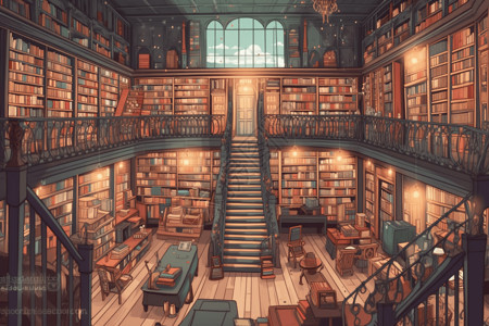 图书馆内部摆放整齐的图书馆插画