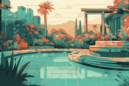 城市喷泉池安静祥和的泳池插画