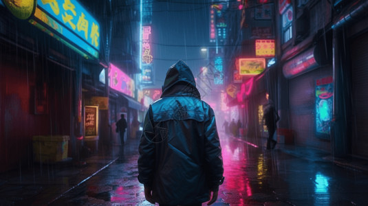 下雨街道时尚男性站在霓虹街道设计图片