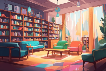一个彩色书柜家庭书房插画