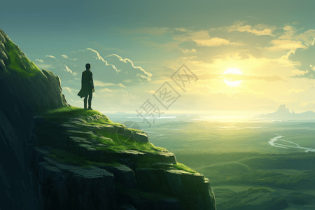 冒险战士站在岩石悬崖上背景图片