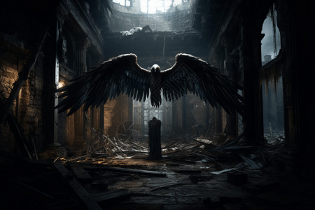 驯鹰人废墟中的黑暗天使插画