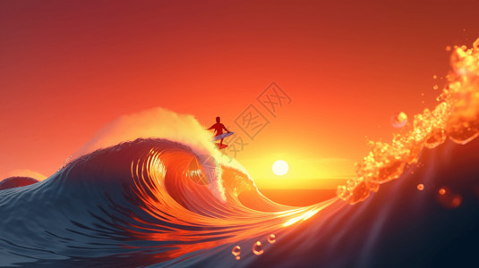 在橙色在日落下的海面上冲浪插画