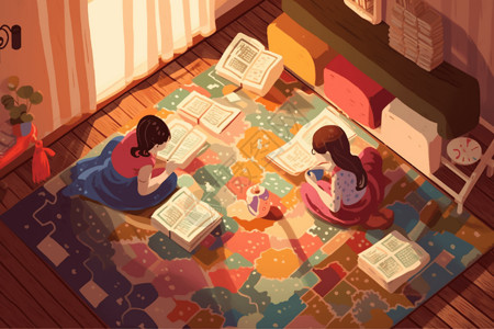 垂直彩色灯光孩子们在舒适的地毯上看书插画