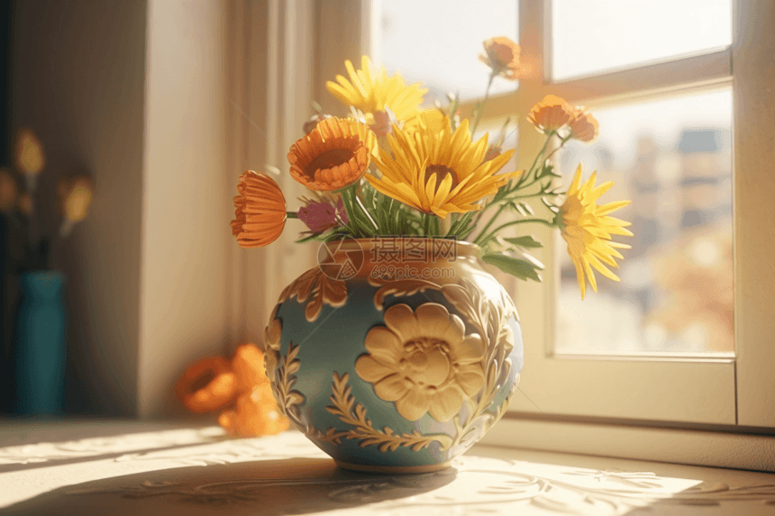 3D粘土花瓶放着花图片