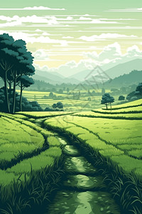 农业体验体验绿色稻田的宁静景观插画