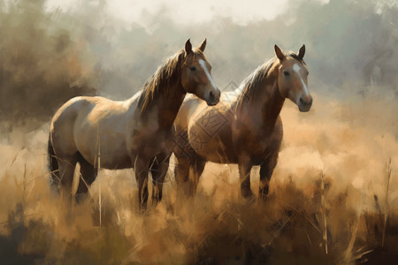 放牧马在田野中放牧绘画插画