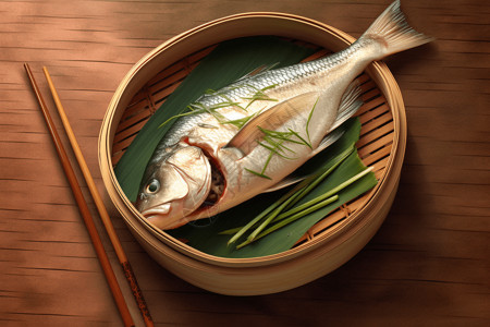 竹蒸锅的鱼插画