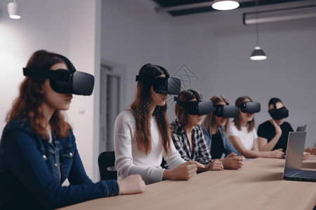 一群学生使用VR练习高清图片