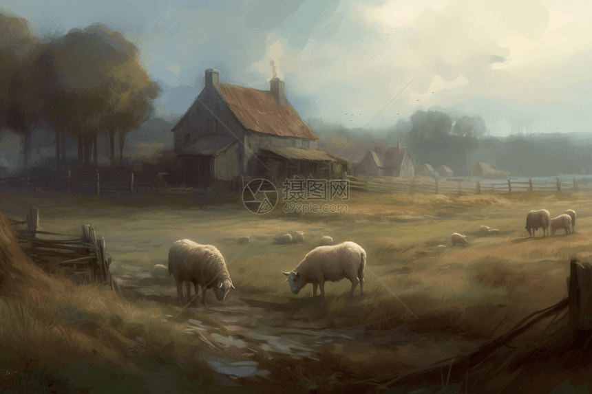 一幅养羊场的画作图片