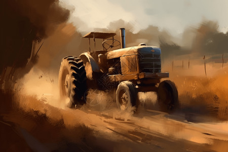 拖拉机耕作田地的绘画图片