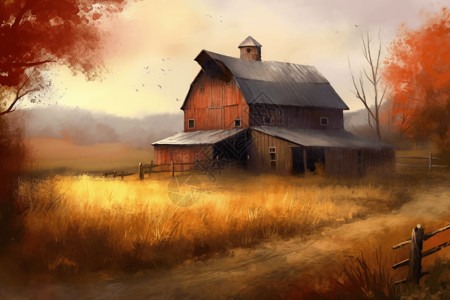 一幅农村红谷仓的画高清图片