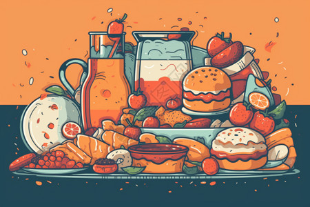 食品集合扁平食品和饮料的集合插图插画