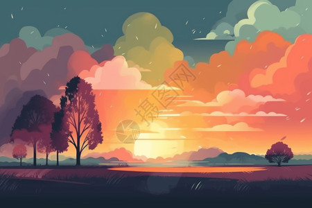 夕阳下的插画背景背景图片