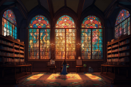 一个彩色书柜览室里的彩色玻璃窗插画