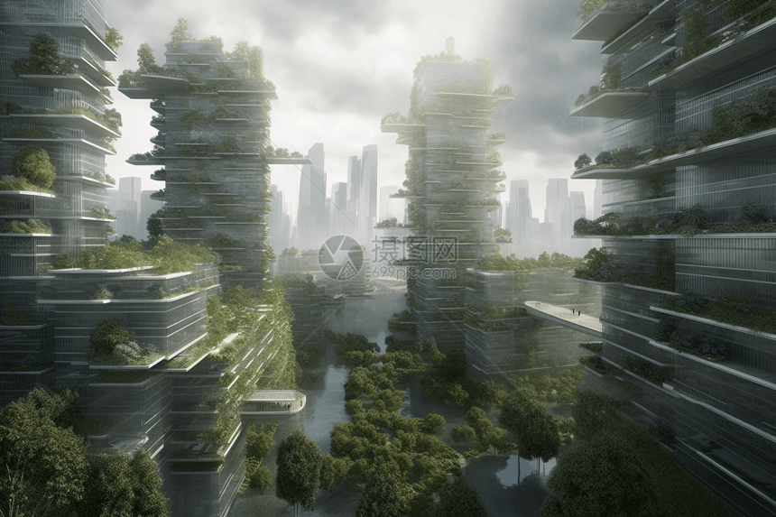 绿色城市建筑被植物覆盖图片