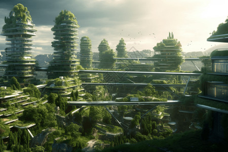 植物覆盖城市绿色城市未来城市背景图片