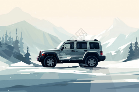 雪地越野雪地里的吉普车插画