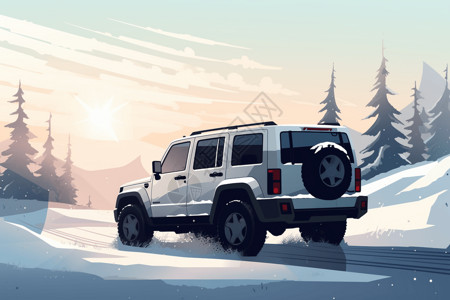 越野汽车在雪地狂飙雪地里的越野车插画