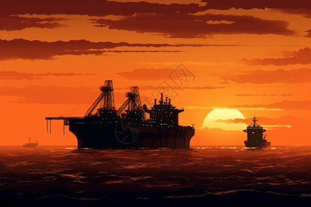 黄昏时海面的轮船图片
