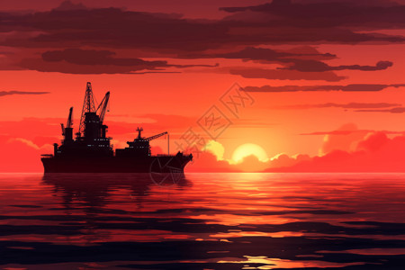 红色的轮船落日时的轮船插画