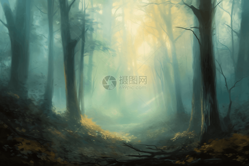 森林迷雾绘画图片