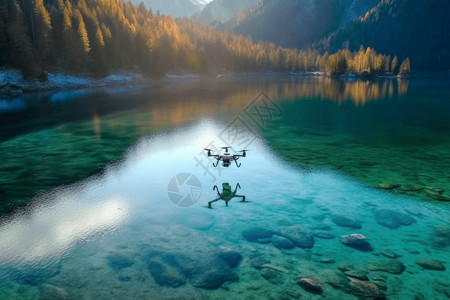 晶莹的湖水上的无人机图片