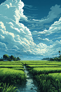 绿色稻田上的蓝天图片